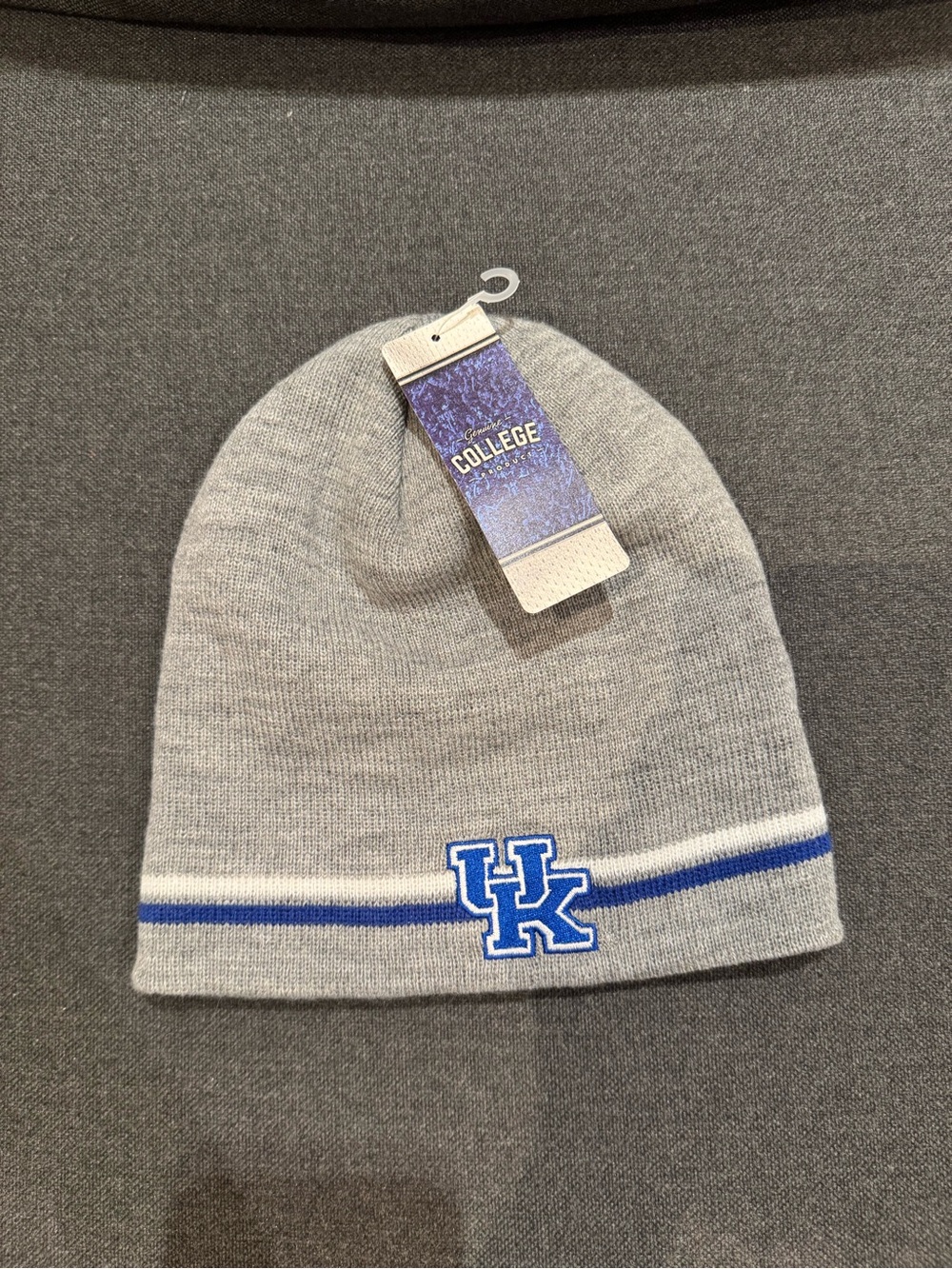 Gray Knit Beanie with Blue & White Stripe and UK Logo